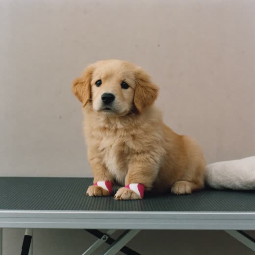 Small puppy sitting calmly on a grooming table